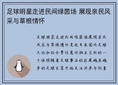 足球明星走进民间绿茵场 展现亲民风采与草根情怀